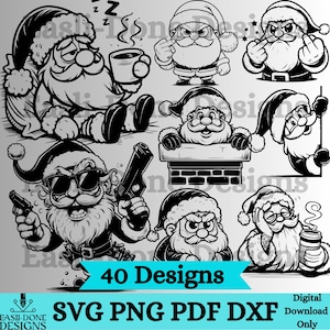 Op de afbeelding: Zwart-wit digitale ontwerpset met verschillende illustraties van de kerstman in verschillende poses. De ontwerpen bevatten de kerstman met wapens, koffie en andere humoristische uitdrukkingen. De tekst "40 Designs" en bestandsoptie zijn ook inbegrepen.