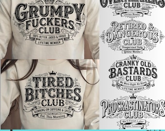Sarcastische SVG-bundel | Grappige SVG-bundel voor volwassenen | Cranky Old Bastards Club SVG | Procrastinators Club, Sarcastische SVG-bundel voor volwassenen (sublimatie png)