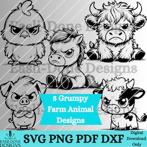 Peut inclure: Cinq animaux de ferme en dessin animé noir et blanc avec des expressions grincheuses. Les animaux comprennent un poulet, une vache, un cochon, un cheval et un veau. Le texte "5 Grumpy Farm Animal Designs" est en bleu et blanc sur un fond turquoise. Le texte "SVG PNG PDF DXF Téléchargement numérique uniquement" est en noir sur un fond blanc.