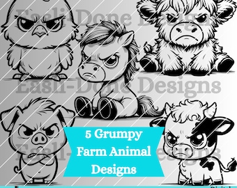 Grumpy Fun Farm Animal Bundle svg png pdf and dxf Files Instant Download, horse highland cow chicken Pig clipart, cutter and laser cut file