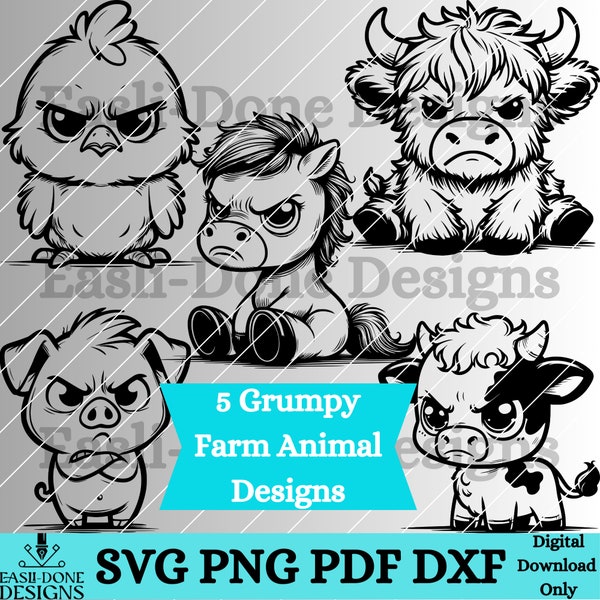 Grumpy Fun Farm Animal Bundle svg png pdf and dxf Files Instant Download, horse highland cow chicken Pig clipart, cutter and laser cut file