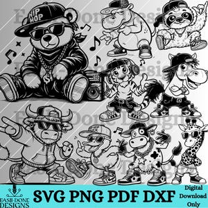 ヒップホップ動物のアウトラインSVG PNG pdfおよびdxfファイルインスタントダウンロード面白い野生動物svgクリップアートカッター＆レーザー刺繍デザイン面白い動物