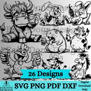 May include: Black and white digital designs of cartoon animals, such as a cow, rabbit, and chicken, each with drinks. The image includes the text "26 Designs" and file type options: SVG, PNG, PDF, and DXX.