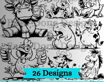 Drinking Animal SVG Bundle, Drunk Farm animal clipart, cutter and laser engraving files Funny Animal png pdf and dxf Files Instant Download,