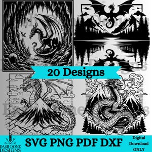 Dragon SVG PNG Files Square Dragon Silhouette Clipart Bundle laser engraving sublimation cutter file coaster & ornament svg png dxf pdf