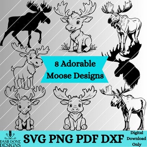 Cute Moose SVG Bundle 8 svg png pdf dxf Files Instant Download, Kawaii Moose clipart, Cricut and laser cut files silhouette design
