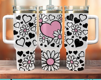 Archivos de corte SVG y archivo PNG para sublimación de vasos con forma de corazón y margaritas de 40 oz Archivos de corte DxF para láser de sublimación de vasos con forma de corazón y margaritas de 40 oz