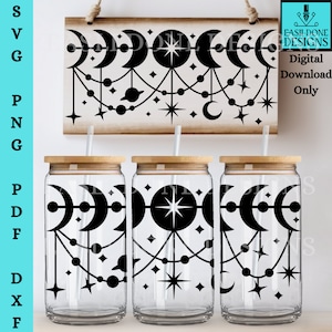 May include: Three clear glass tumblers with black and white moon phase and star designs. The tumblers have wooden lids and straws.