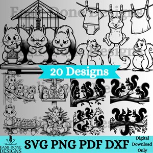 May include: A selection of 20 squirrel designs in black and white. The designs feature squirrels in different poses, including eating, hanging from a washing line, and interacting. The image also includes the text "SVG PNG PDF DXF".