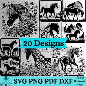 Może przedstawiać: Zestaw 20 cyfrowych projektów do pobrania, przedstawiających czarno-białe sylwetki koni w różnych pozach. Projekty obejmują konie z kwiatami, konie z stodołami i konie z górami. Tekst "20 Designs" jest wyświetlany dużą czcionką u góry obrazu. Tekst "SVG PNG PDF DXF Pobierz tylko cyfrowo" jest wyświetlany u dołu obrazu.