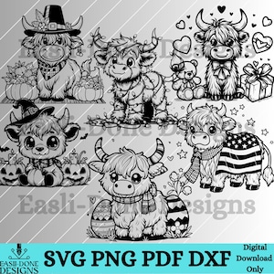 Highland Cow Holiday Outline Bundle SVG PNG pdf and dxf Files laser and cut digital download Vector clipart sublimation Baby Highland Cow