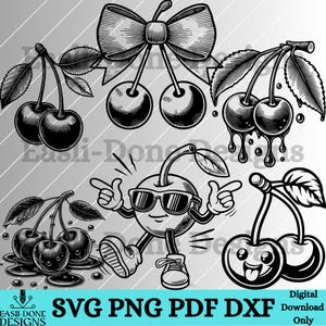 May include: A set of digital cut files featuring various cherry designs. The designs include a cherry with a bow, a cherry with dripping juice, a cherry with sunglasses and legs, and a cherry with a tongue sticking out. The designs are in black and white and are perfect for crafting projects.