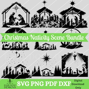 May include: A black and white Christmas Nativity Scene Bundle. The image shows various silhouette designs of the Nativity scene, including the Holy Family, angels, and animals. The text "Christmas Nativity Scene Bundle" is displayed. The image also includes the file formats SVG, PNG, PDF, and DXF.