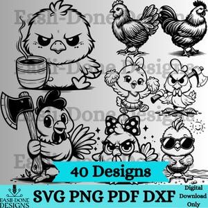 Pacchetto SVG di pollo, clipart di pollo divertente, file SVG di pulcino, file di taglio e incisione laser di animali divertenti, file PNG, PDF e DXF da scaricare immediatamente