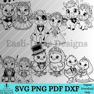 Könnte beinhalten: Schwarzweißes digitales Clipart von verschiedenen Tierpaaren in Hochzeitskleidung. Zu den Paaren gehören Schweine, Kühe, Hühner, Enten und Pferde. Das Bild enthält den Text "SVG PNG PDF DXF Digitaler Download nur".