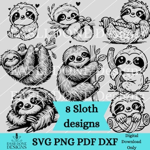 Peut inclure: Huit illustrations de paresseux en noir et blanc dans différentes poses. Les paresseux sont accrochés à des branches, des cordes et des rondins. Le texte "8 Sloth designs" est en bleu sur un fond bleu clair.