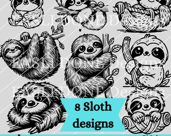 Sloth Outline Bundle 8 svg png pdf and dxf Files Instant Download, cute kawaii sloth clipart, cutter and laser cut files, sloth decal design
