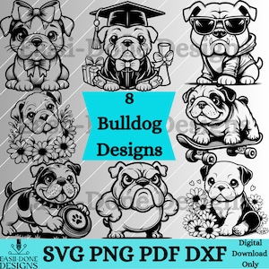 May include: Eight black and white digital illustrations of bulldogs in various poses. The bulldogs are wearing a graduation cap, sunglasses, a bow, and skateboarding. The text "8 Bulldog Designs" is in the center of the image.