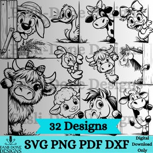 May include: A collection of black and white cartoon illustrations featuring farm animals such as a dog, duck, cow, chicken, sheep, and horse, each peeking from behind a wooden fence or wall. The image includes the text "32 Designs" and "SVG PNG PDF DXF Digital Download Only."