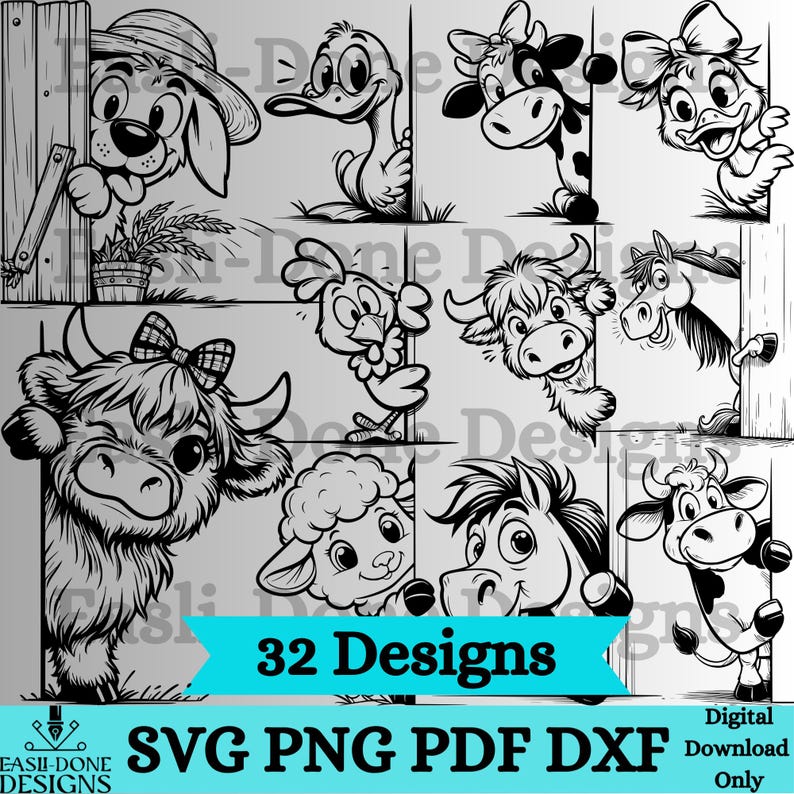 Op de afbeelding: Zwart-wit cartoon illustraties van boerderijdieren, waaronder een hond, een eend, een koe, een kip, een schaap en een paard, die achter een houten hek of muur vandaan kijken. De afbeelding bevat de tekst "32 Designs" en "SVG PNG PDF DXF Digital Download Only."