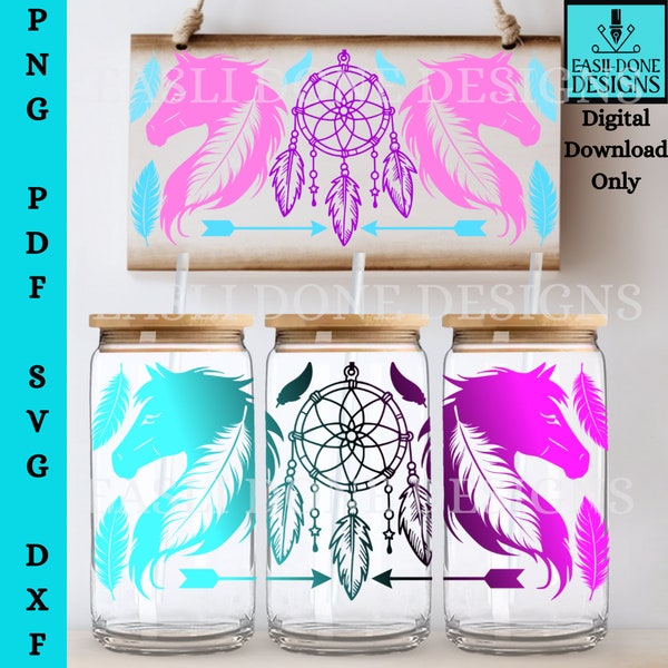 Dreamcatcher Glass Can SVG and PNG Files, Horse Feathers 16oz Libbey Glass can wrap cut file Native American glassware svg png pdf dxf files