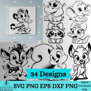 Puede incluir: Diseños digitales en blanco y negro de animales de dibujos animados, incluyendo un tigre, hipopótamo, elefante, mapache, cocodrilo, ciervo y ardilla. La imagen también incluye el texto "34 Designs" y opciones de tipo de archivo.