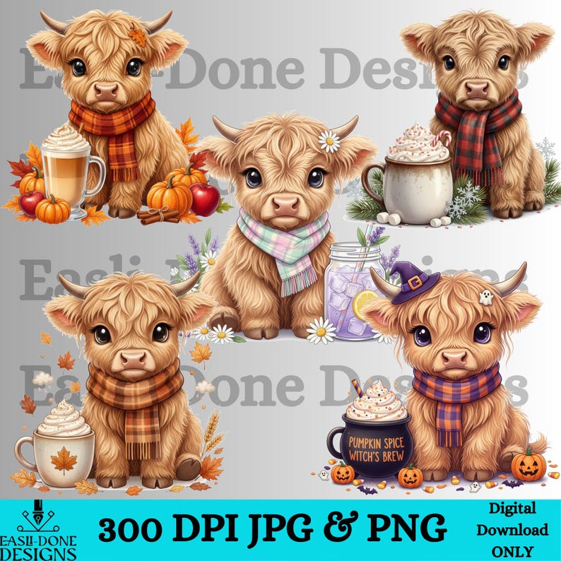 Seasonal Highland Cow PNG Bundle | Holiday Farmhouse Cow Clipart ...