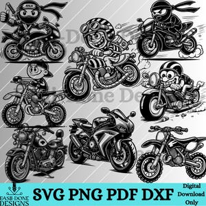 Op de afbeelding: Een set van tien zwart-wit digitale illustraties van motorfietsen en crossmotoren. De illustraties tonen cartoonfiguren die de motorfietsen besturen. De illustraties zijn in vectorformaat en kunnen voor commerciële doeleinden worden gebruikt.