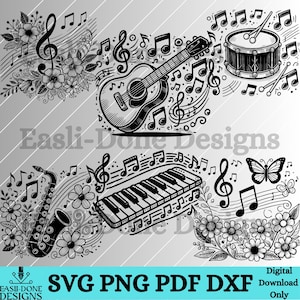 Könnte beinhalten: Schwarz-weiße digitale Illustration einer Gitarre, eines Klaviers, eines Saxophons und einer Trommel mit Noten und Blumen. Der Text "Easli-Done Designs" ist im Bild enthalten.