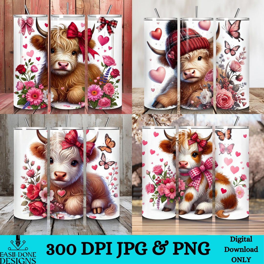 20oz Tumbler Wrap Bundle, Floral Highland Cow Sublimation Design Bundle ...