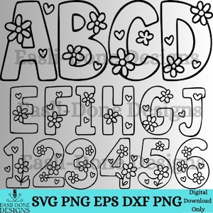 Könnte beinhalten: Schwarz-weißes digitales Design mit den Buchstaben A bis J und den Zahlen 1 bis 6. Jeder Buchstabe und jede Zahl ist umrandet und mit Blumen und Herzen verziert. Das Design enthält den Text "SVG PNG EPS DXF PNG" und "Digital Download Only".