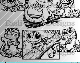 Gecko lizard SVG PNG pdf and dxf Files Instant Download, cute Gecko reptile svg clipart, cutter and laser cut files embroidery, coloring