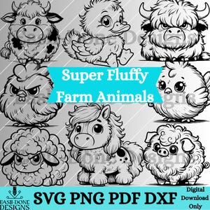 Könnte beinhalten: Ein Set mit zehn Schwarzweiß-Linienzeichnungen von super flauschigen Nutztieren. Die Tiere umfassen eine Kuh, eine Ente, ein Hochlandrind, ein Huhn, ein Pony, ein Schaf und ein Schwein. Die Illustrationen sind im Cartoon-Stil gehalten und eignen sich perfekt für Bastelprojekte, Scrapbooking oder digitales Design.