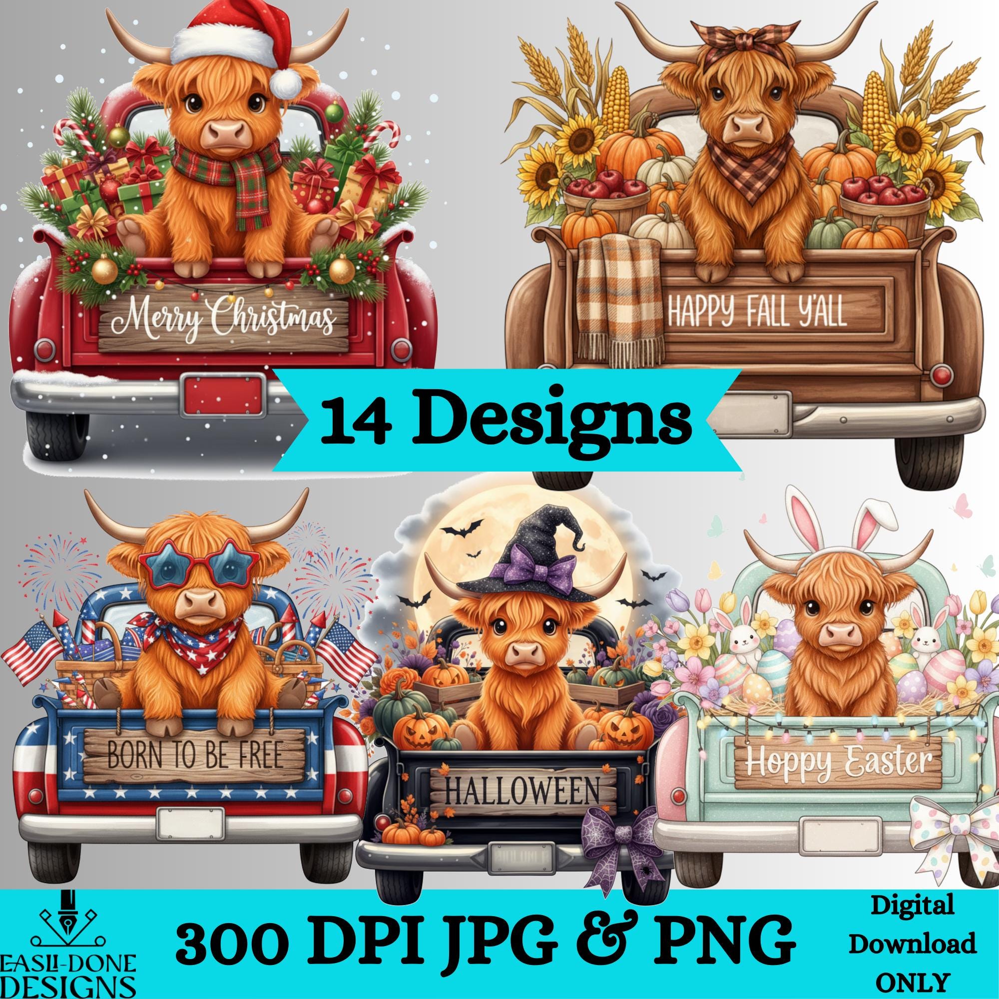 Seasonal Highland Cow Truck PNG Bundle | Holiday Farmhouse Cow Designs ...