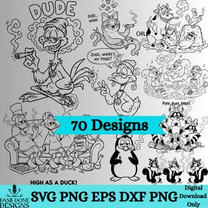 Peut inclure: Illustrations de dessins animés en noir et blanc représentant divers animaux, dont un coq, un canard, un paresseux, une vache et des écureuils, fumant et se relaxant. Le texte comprend "DUDE", "CHILL", "HIGH AS A DUCK!" et "70 Designs."