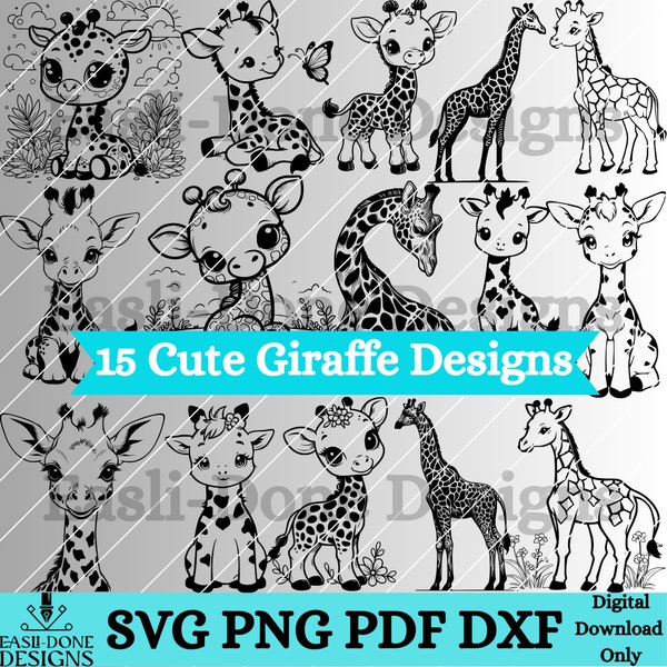 Giraffe designs Outline Bundle 15 svg png pdf and dxf Files Instant Download, cute kawaii baby Giraffe clipart, Vinyl cutter and laser files