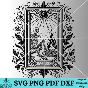 Carta del tarot SVG PNG pdf y dxf Archivo Camper Tarot svg Divertido amante del camping svg láser y corte digital descarga Vector clipart svg Celestial png