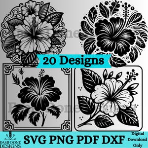 May include: A set of 20 black and white digital designs featuring hibiscus flowers. The designs are perfect for crafting projects, scrapbooking, and more.  SVG PNG PDF DXF Download Only.