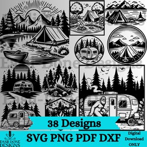 May include: A set of 38 camping-themed digital designs featuring illustrations of tents, campfires, trees, and camper vans. The designs are in black and white and are perfect for creating crafts, scrapbooking, or digital projects.