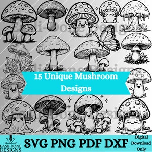 Ensemble de 15 contours SVG champignon png pdf et fichiers dxf svg uniques téléchargement immédiat, clipart homme champignon kawaii mignon, cutter et fichiers laser