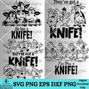 Pu&ograve; includere: Grafica di cartoni animati in bianco e nero con il testo "He has a KNIFE!" e "They've got a KNIFE!" con animali e verdure spaventati. L'immagine include anche il testo "She Has a KNIFE!"