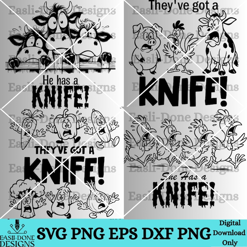 Pu&ograve; includere: Grafica di cartoni animati in bianco e nero con il testo "He has a KNIFE!" e "They've got a KNIFE!" con animali e verdure spaventati. L'immagine include anche il testo "She Has a KNIFE!"