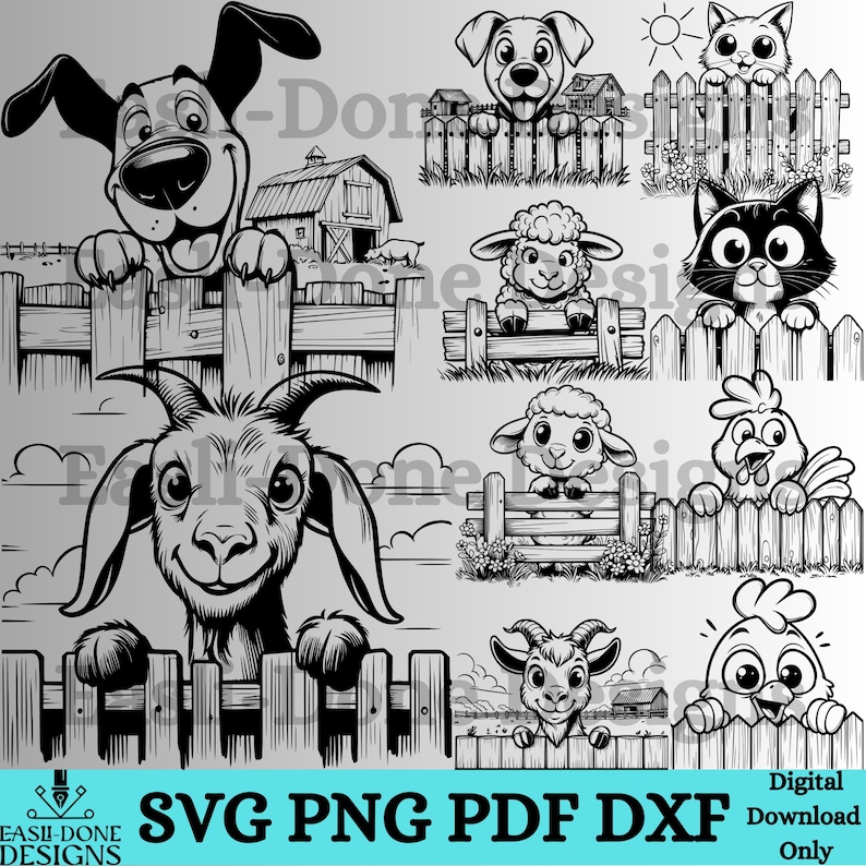 May include: Black and white digital illustrations of farm animals, including a dog, cat, sheep, goat, and chicken, peeking over wooden fences. The image includes the text "SVG PNG PDF DXF Digital Download Only."