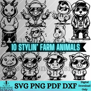 クールな農場の動物のバンドル 10 個の SVG PNG pdf および dxf ファイル 即時ダウンロード フードをかぶった流行の農場の動物のパック クラフト用の 10 個のユニークなデザイン ファイル