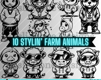 Cool Farm Animal Bundle 10 SVG PNG pdf and dxf Files Instant Download Trendy Farm Animals in Hoods Pack 10 Unique Design Files for Crafting