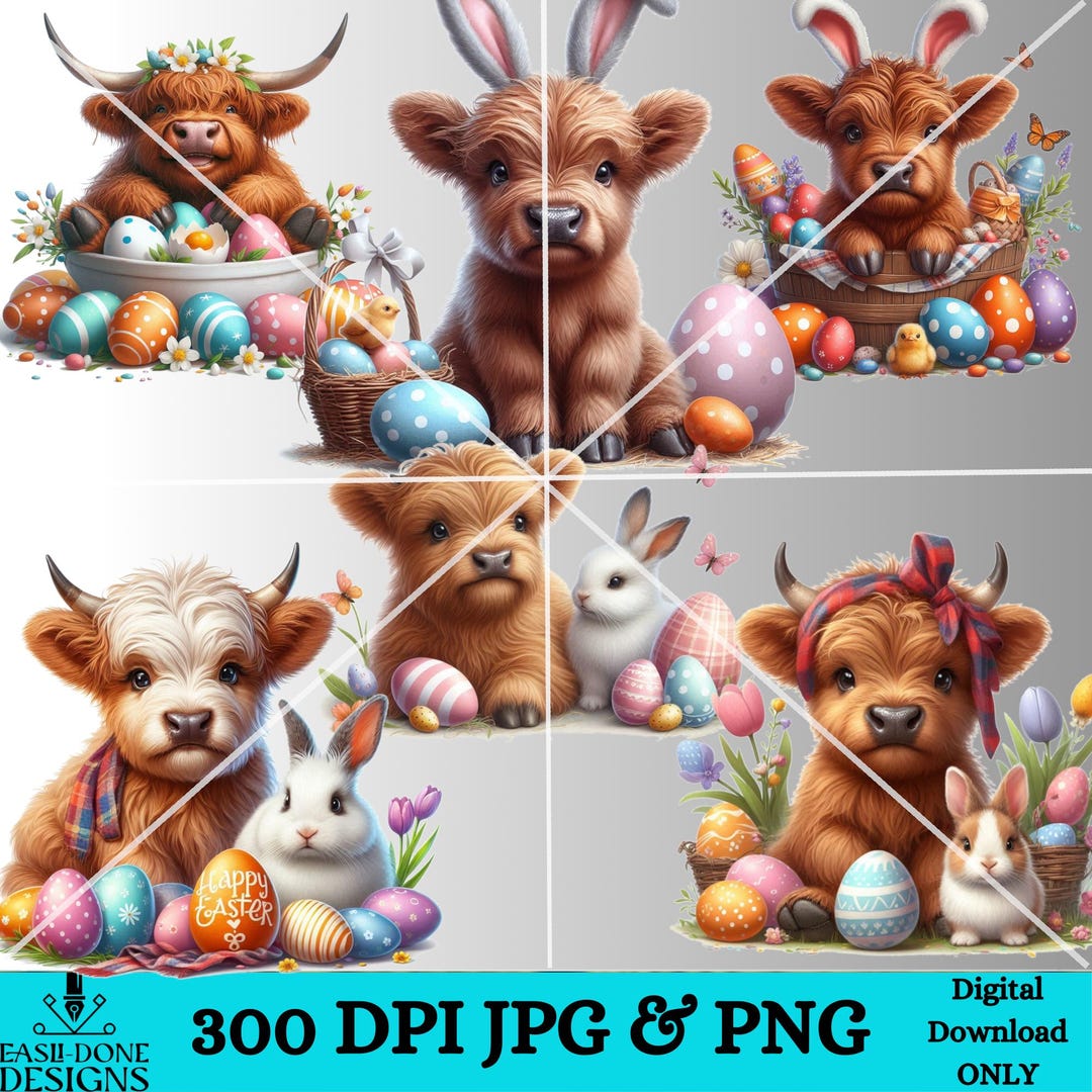 Easter Highland Cow Png Clipart Sublimation DTF Junk Journal Design PNG ...