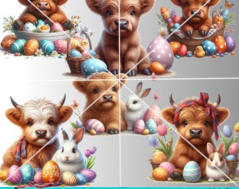 Easter Highland Cow PNG Clipart: Bunny Animal Bundle (Digital Download)