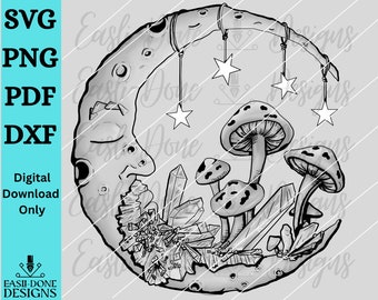 boho magic moon mushroom png svg pdf dxf cut file, sublimation mystical mushroom, celestial crescent moon wall art, mushroom svg clipart