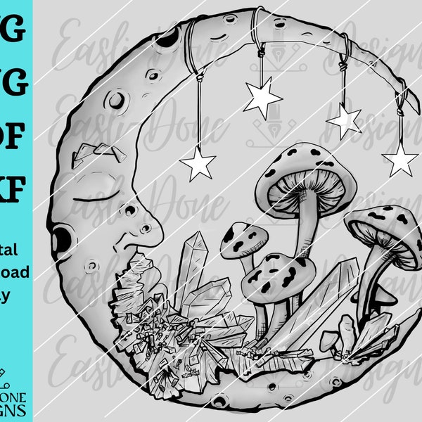 boho magic moon mushroom png svg pdf dxf cut file, sublimation mystical mushroom, celestial crescent moon wall art, mushroom svg clipart