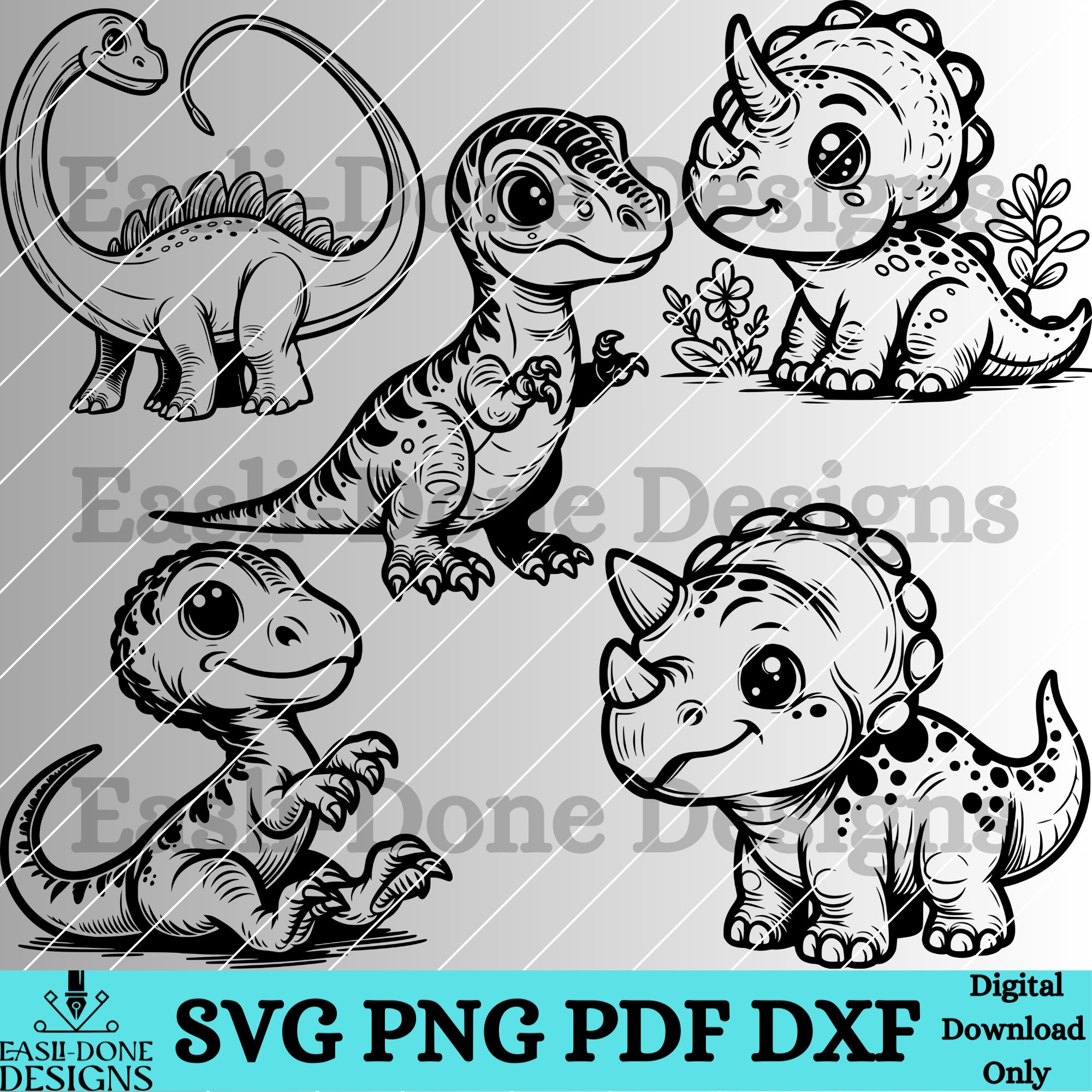 Dinosaur Bundle 10 Adorable SVG PNG Pdf and Dxf Files, Cute Kawaii ...